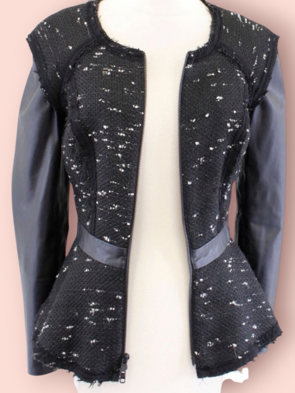 MILLY Tweed Lamb Leather Full Zip Peplum Blazer